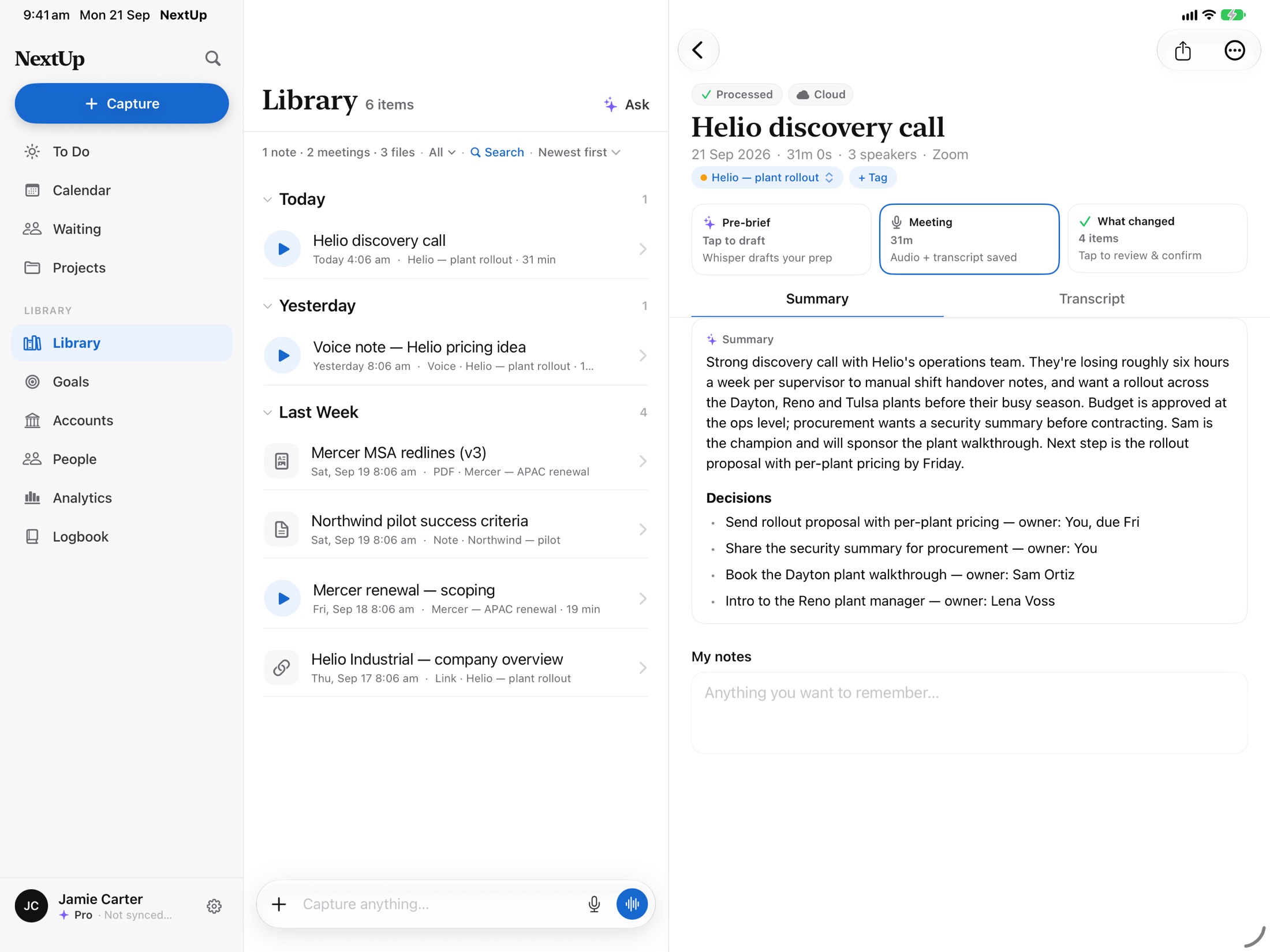 NextUp on iPad: the library beside a meeting summary with decisions and owners