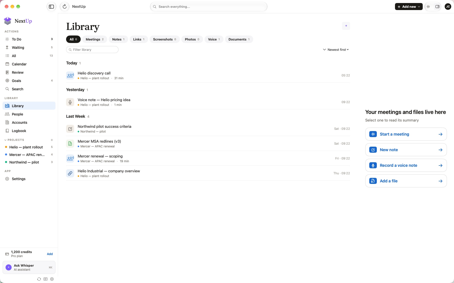 NextUp on Mac: the library of meetings, notes and files, filed by client
