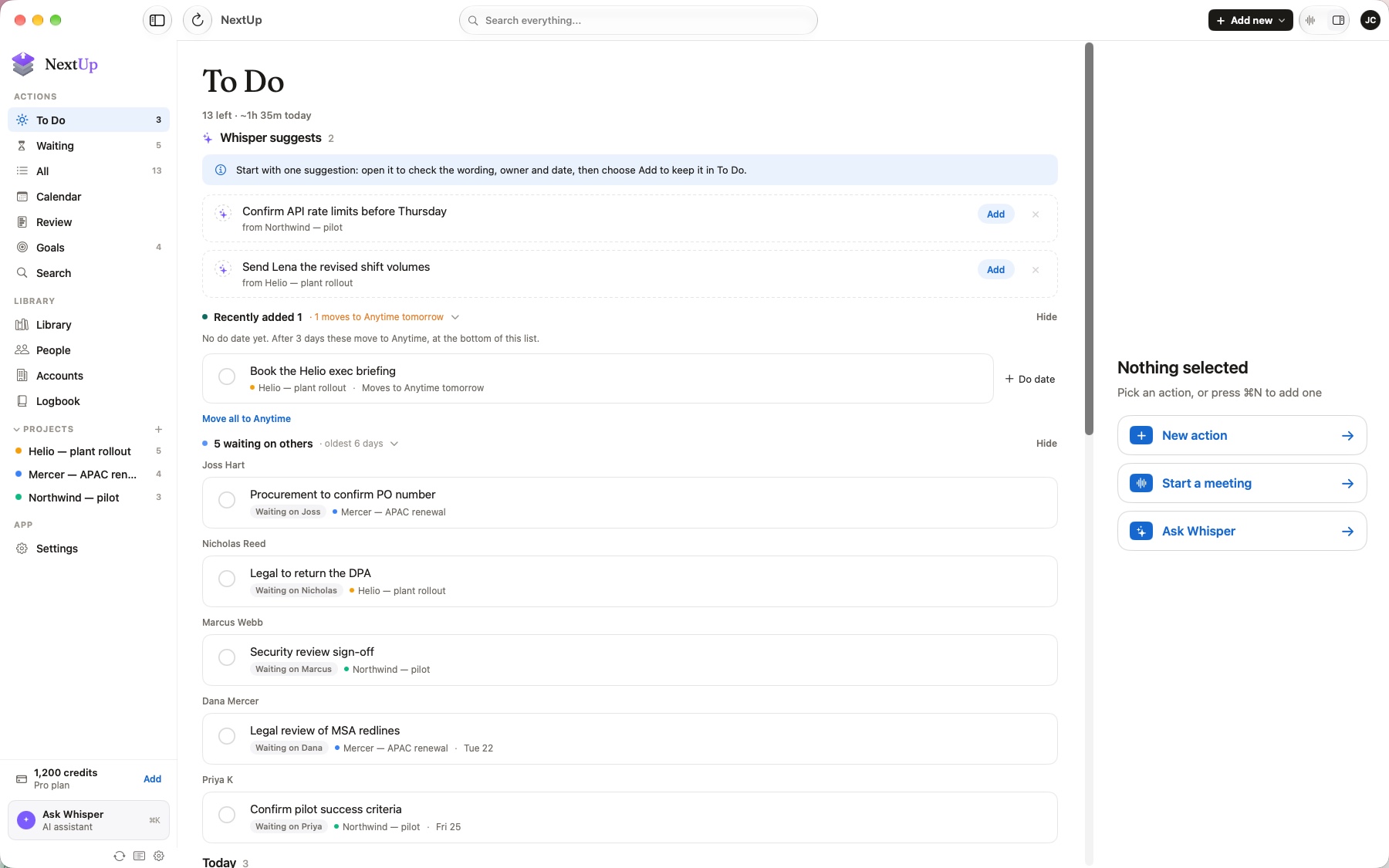 NextUp on the Mac: today's three actions, what's waiting on other people, and Whisper's suggested follow-ups