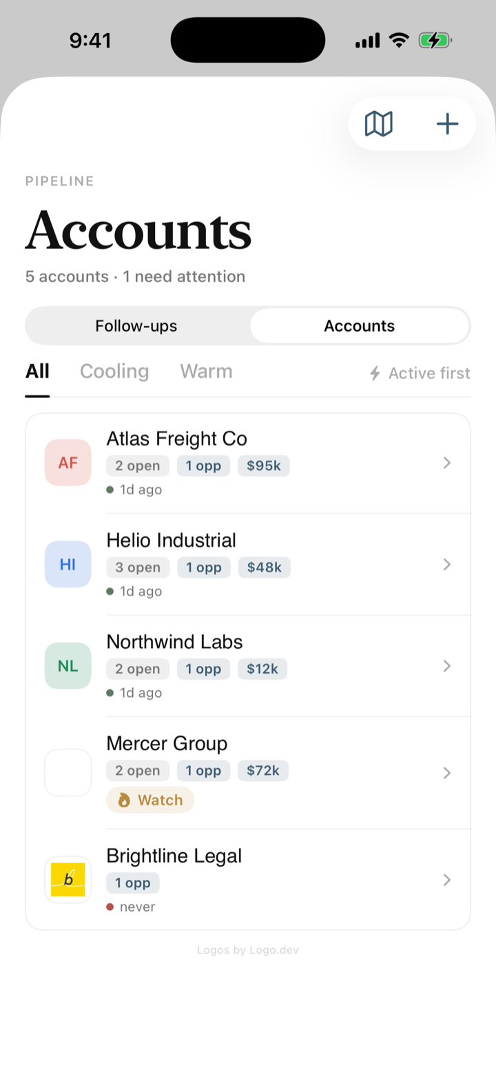 The NextUp Accounts screen: pipeline value, open actions and warmth for each client