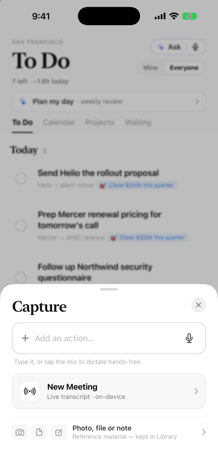 The NextUp capture sheet: meeting, voice note, photo, file, note or quick add