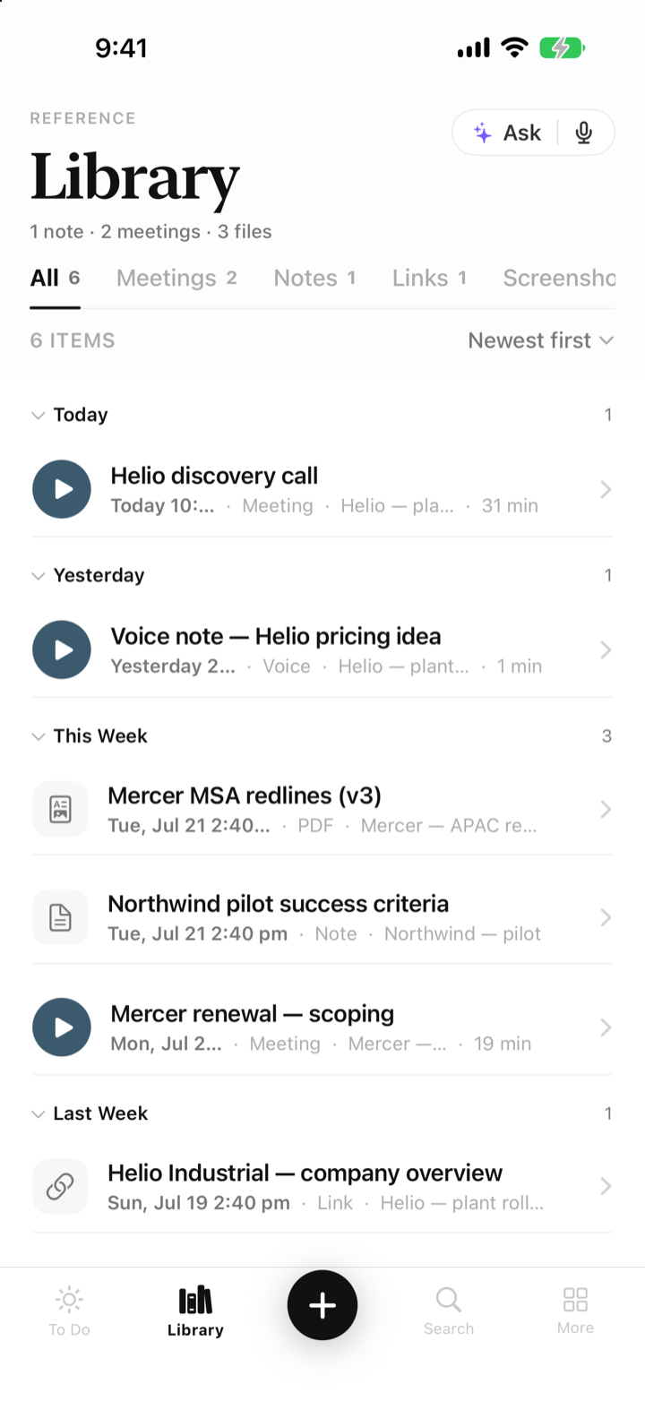 NextUp Library screen with recorded meetings and captured documents