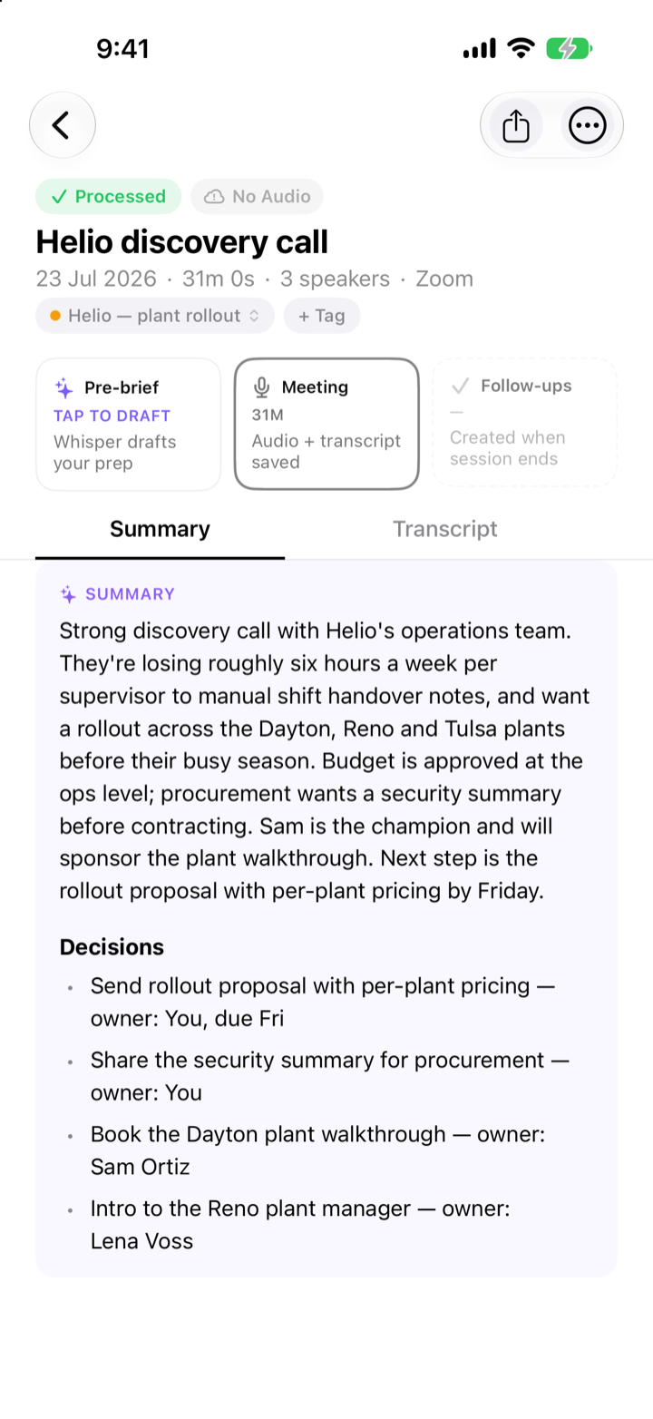 A processed meeting in NextUp: AI summary with decisions and owners