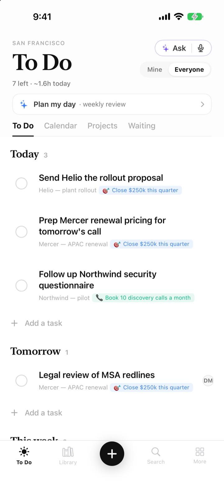 The NextUp Today screen on iPhone: your three committed actions for the day